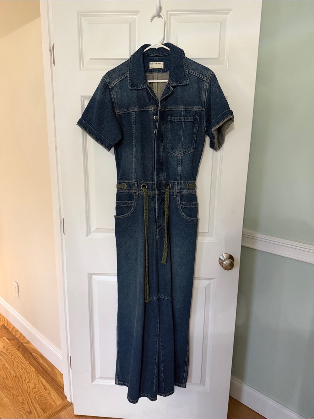 Free People Dark Blue Denim Short-Sleeve Jumpsuit